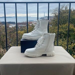 BAMBOO White Zip Up Combat Style Boots